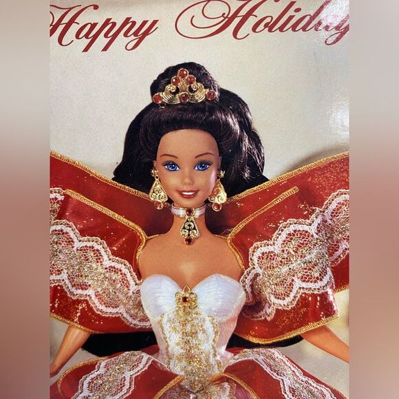 1997 Holiday Barbie Happy Holidays Gold Special Edition Eyes Blue Box Green Doll - Picture 3 of 9